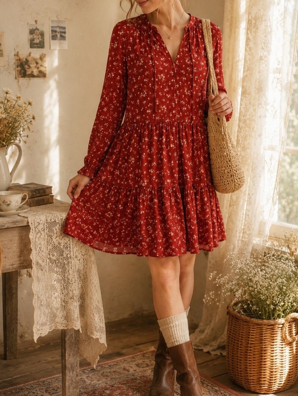 Reitmans Floral Tiered Dress S Long Sleeve Boho Midi - Picture 1 of 8